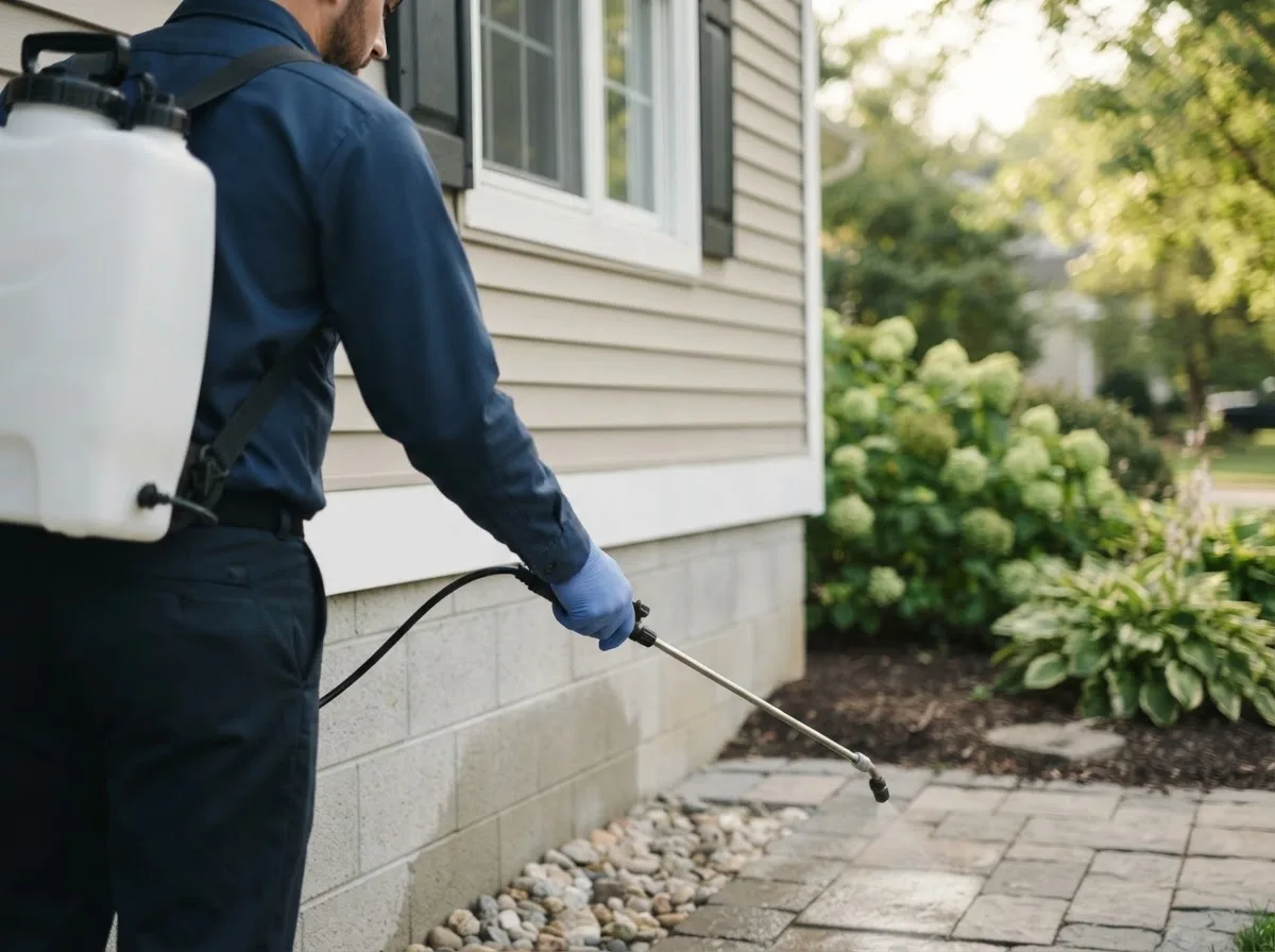 Pest control technician inspecting a home in Easton, TX
